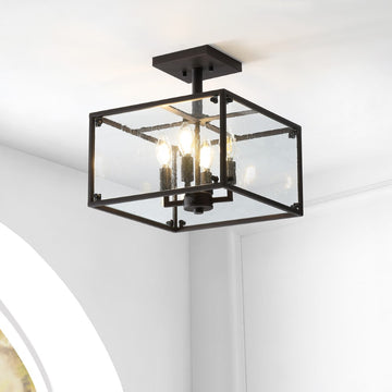 Paysan 13" Iron/Seeded Glass Rustic Farmhouse LED Flush Mount - JONATHAN Y